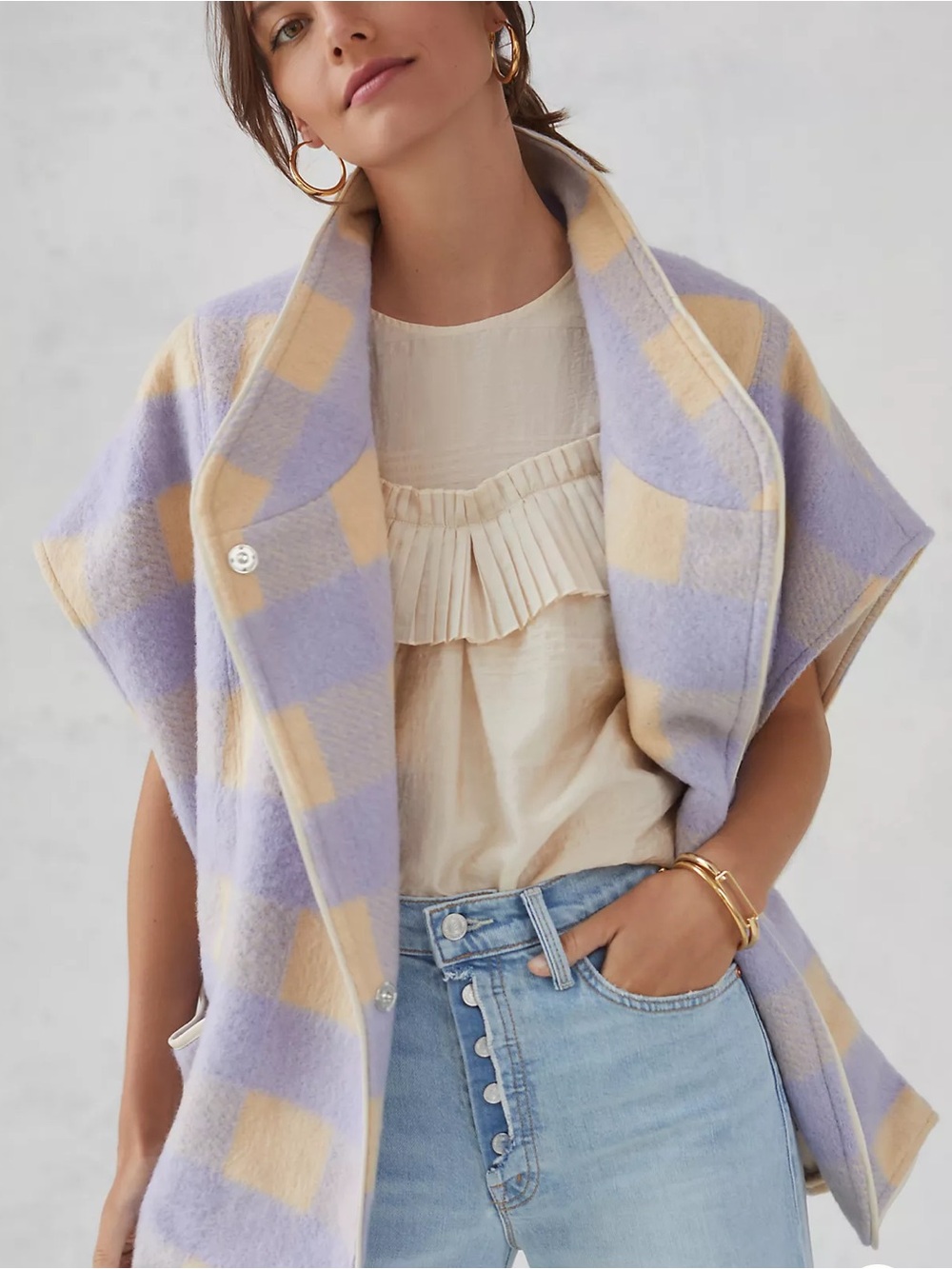 Andersen & Lauth Checked Lavender/Cream Snap Front Sweater Wrap Capelet Jacket